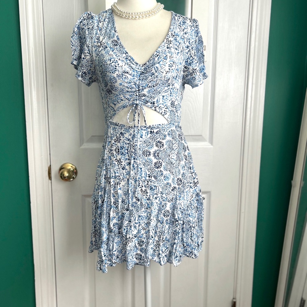 Blue & White Floral Cutout Mini Dress